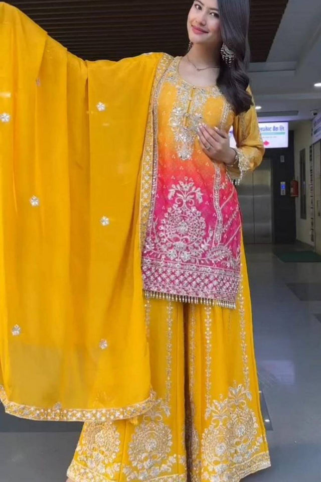 Yellow Embroidered Silk Sharara Suits