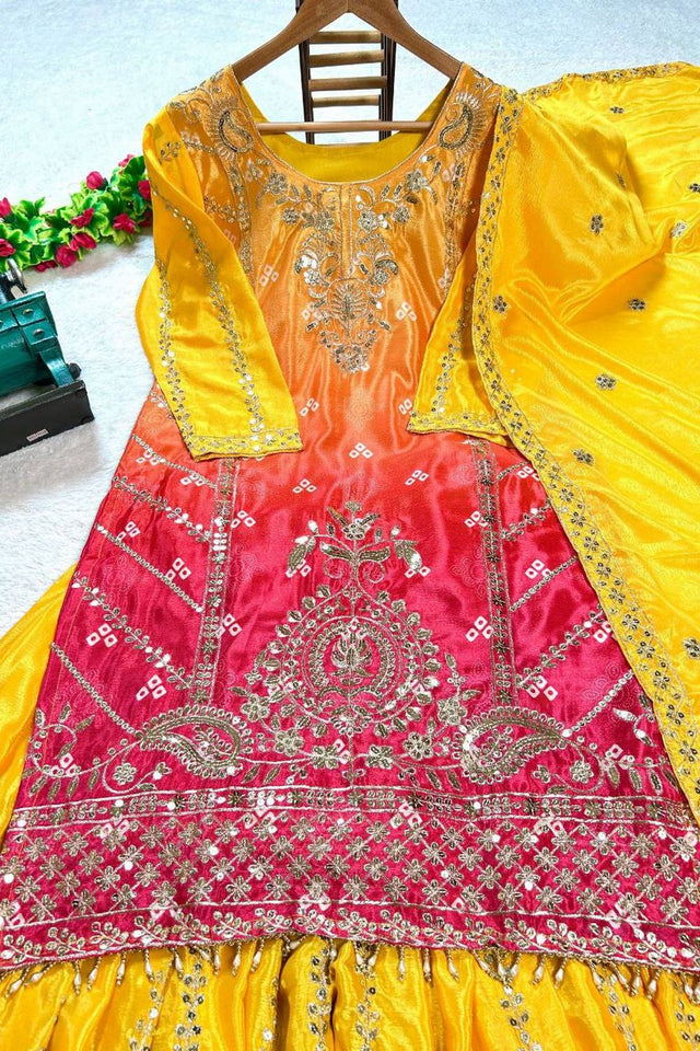 Yellow Embroidered Silk Sharara Suits