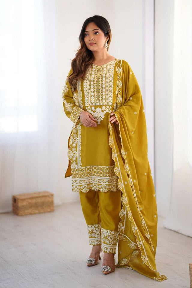 Yellow Embroidered Silk Kurti Pant Set