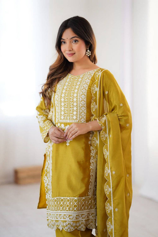 Yellow Embroidered Silk Kurti Pant Set