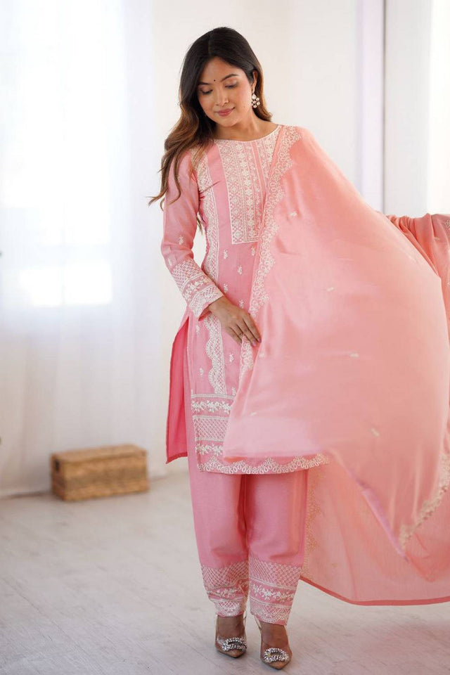 Light Pink Embroidered Silk Kurti Pant Set