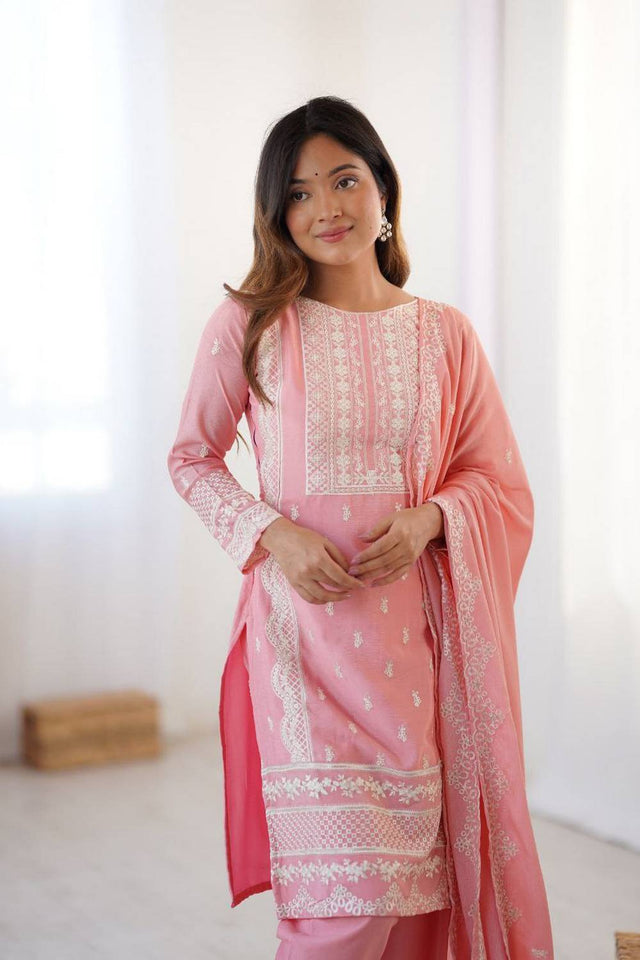 Light Pink Embroidered Silk Kurti Pant Set