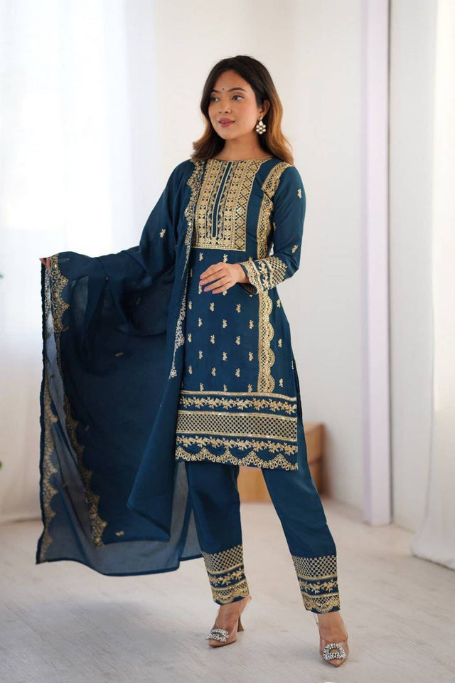 Blue Embroidered Silk Kurti Pant Set