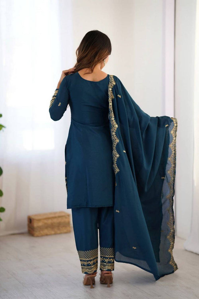 Blue Embroidered Silk Kurti Pant Set