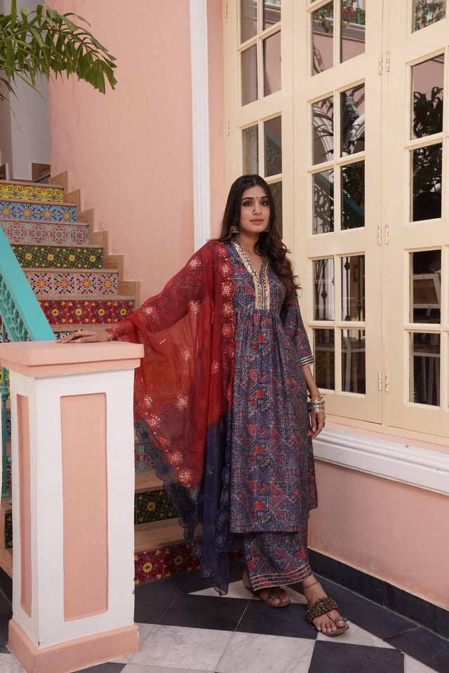 Red Ajrakh Printed Cotton Kurti Palazzo Set