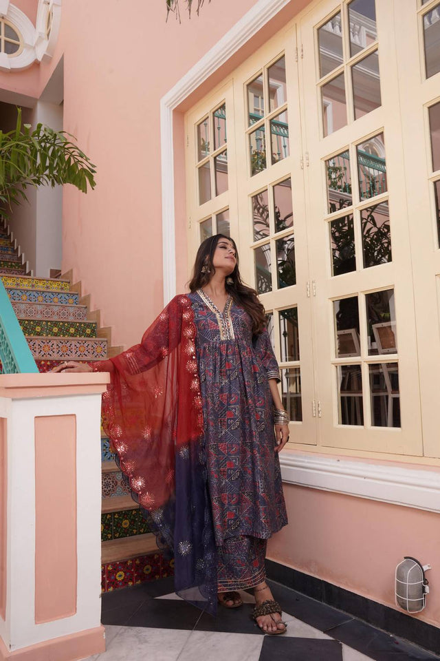 Red Ajrakh Printed Cotton Kurti Palazzo Set