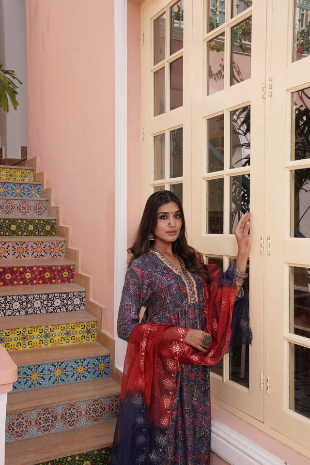 Red Ajrakh Printed Cotton Kurti Palazzo Set