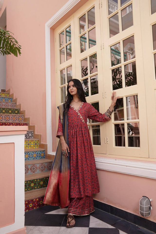 Red Ajrakh Printed Cotton Kurti Palazzo Set