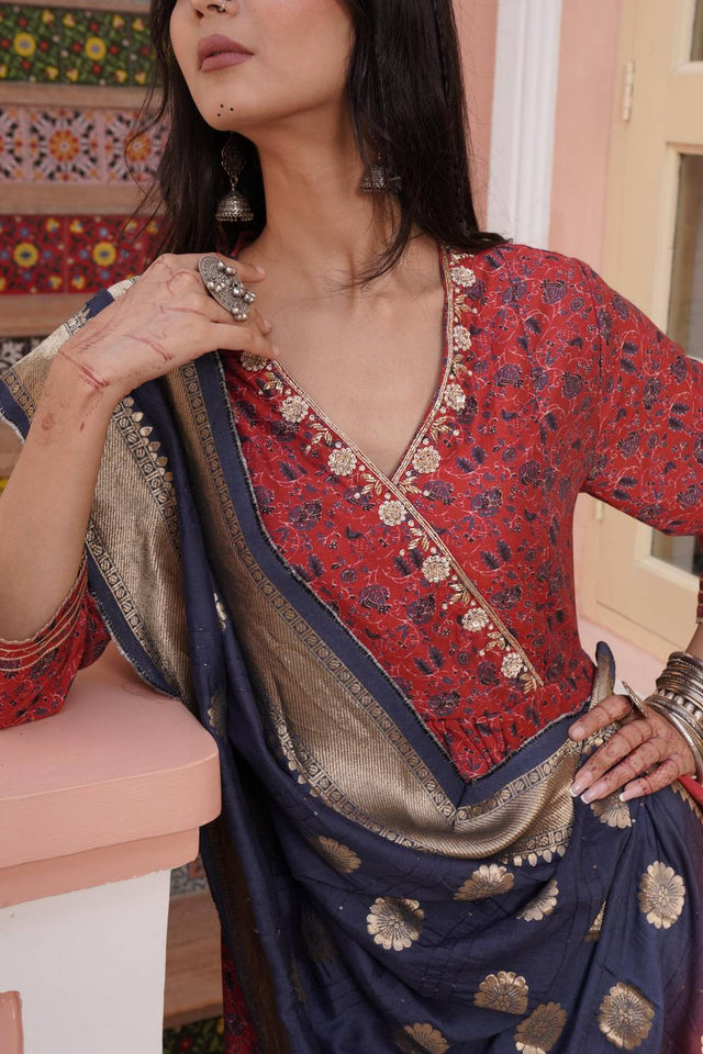 Red Ajrakh Printed Cotton Kurti Palazzo Set