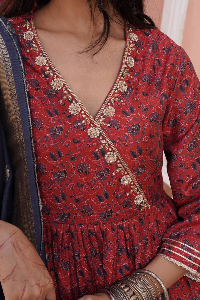 Red Ajrakh Printed Cotton Kurti Palazzo Set