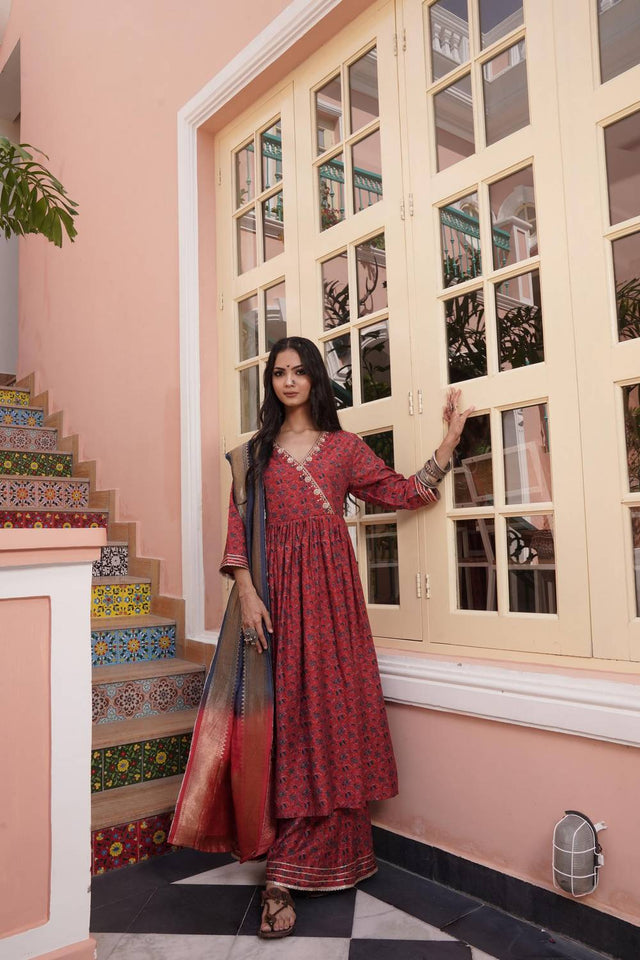 Red Ajrakh Printed Cotton Kurti Palazzo Set