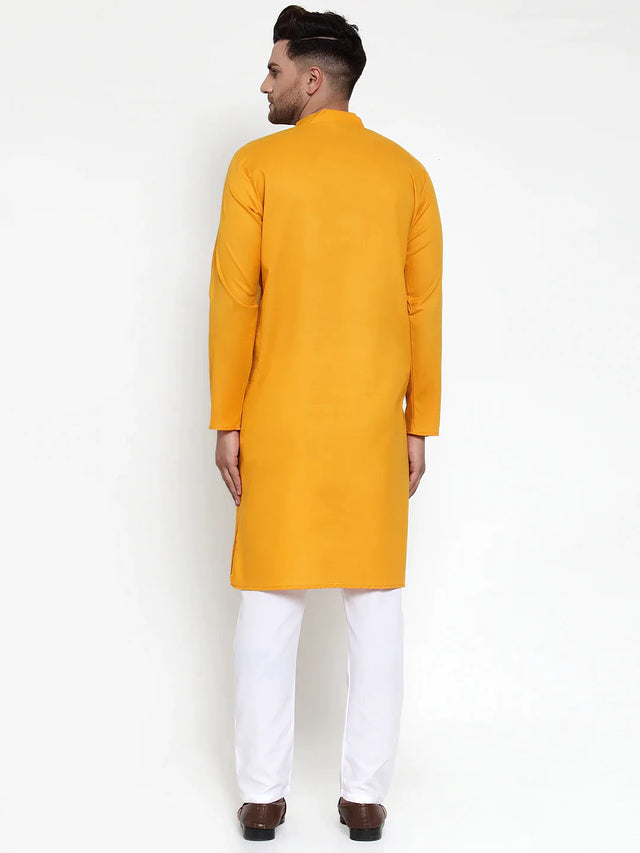 Men's Mustard Cotton Solid Kurta Set