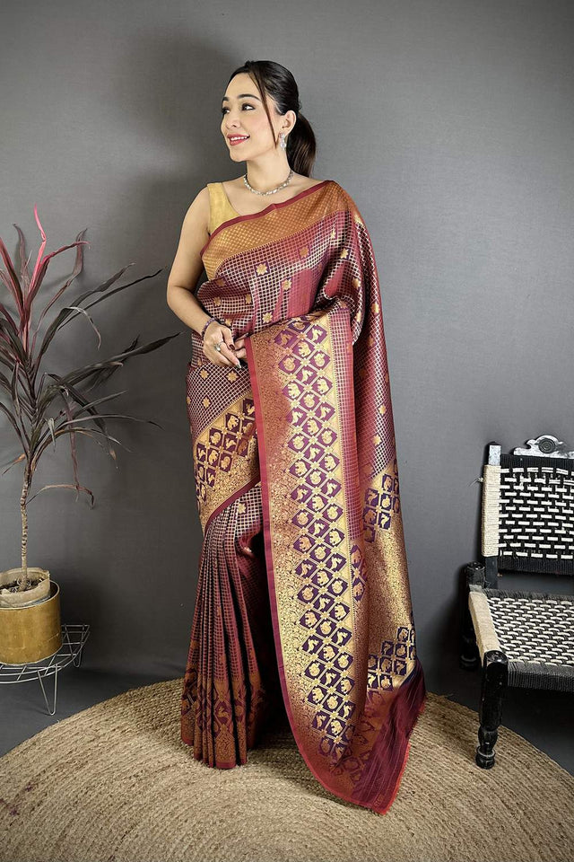 Wine Checkered & Floral Woven Banarasi Silk Saree (JK12601)