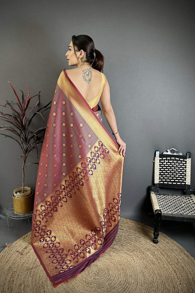 Wine Checkered & Floral Woven Banarasi Silk Saree (JK12601)