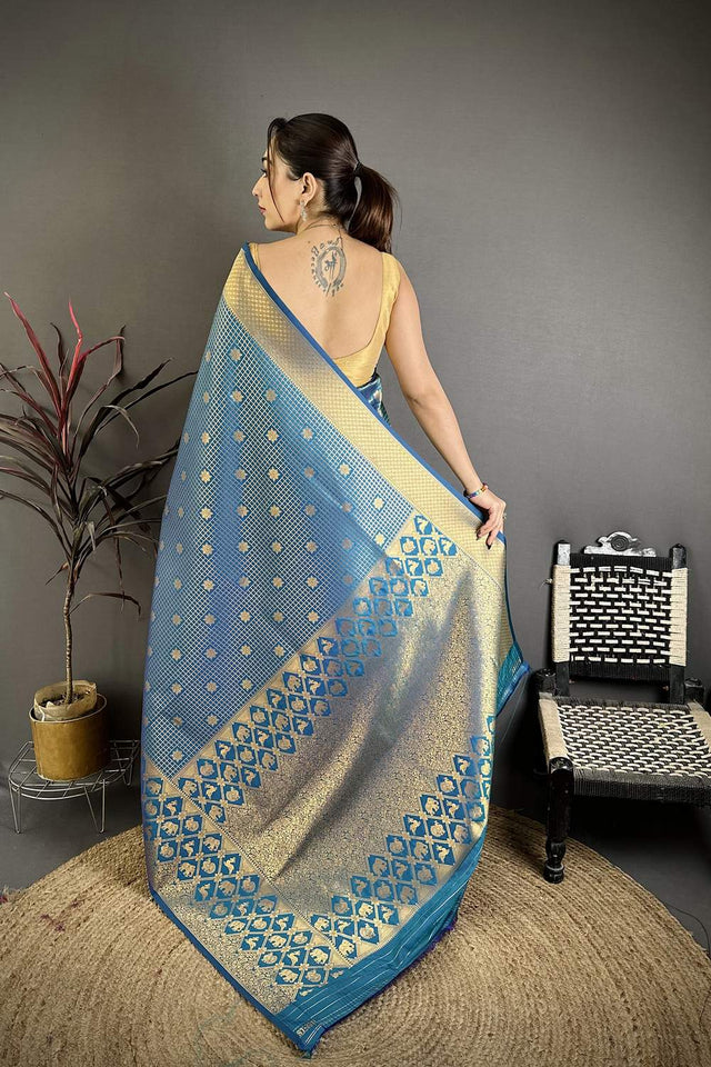 Blue Checkered & Floral Woven Banarasi Silk Saree (JK12602)