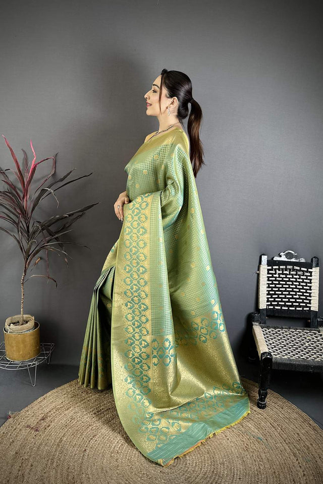 Green Checkered & Floral Woven Banarasi Silk Saree (JK12603)