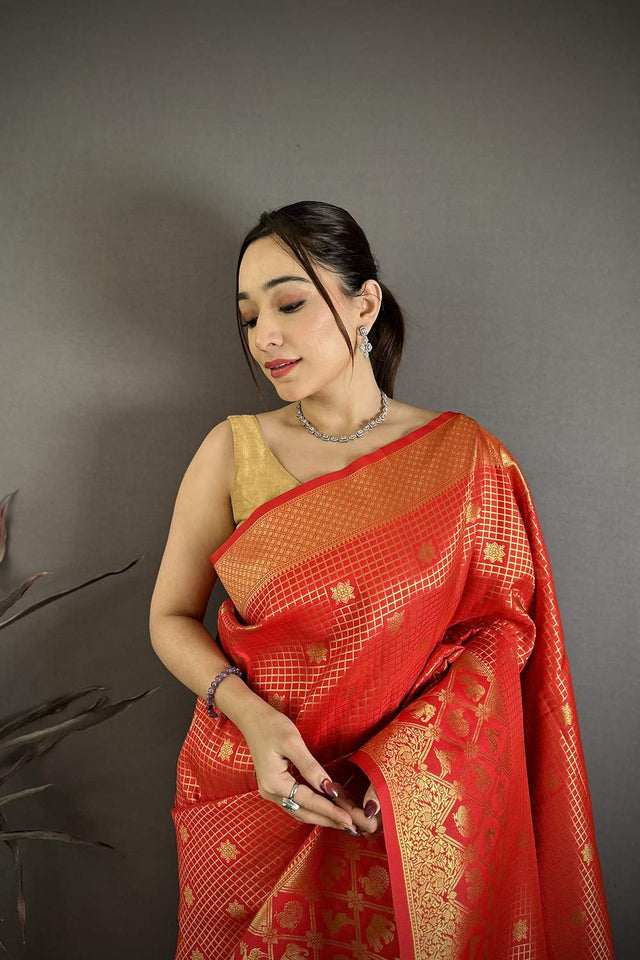 Red Checkered & Floral Woven Banarasi Silk Saree (JK12605)