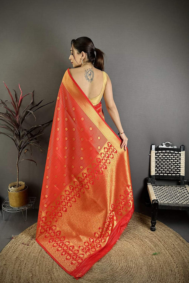 Red Checkered & Floral Woven Banarasi Silk Saree (JK12605)