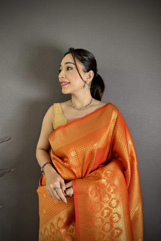 Orange Checkered & Floral Woven Banarasi Silk Saree (JK12606)