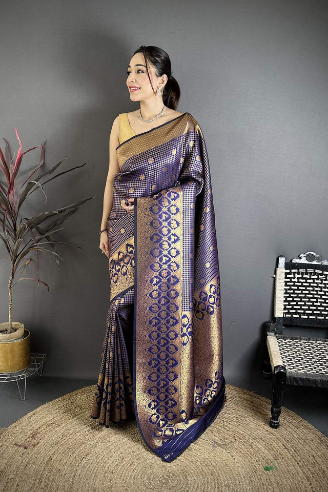 Navy Blue Checkered & Floral Woven Banarasi Silk Saree (JK12607)
