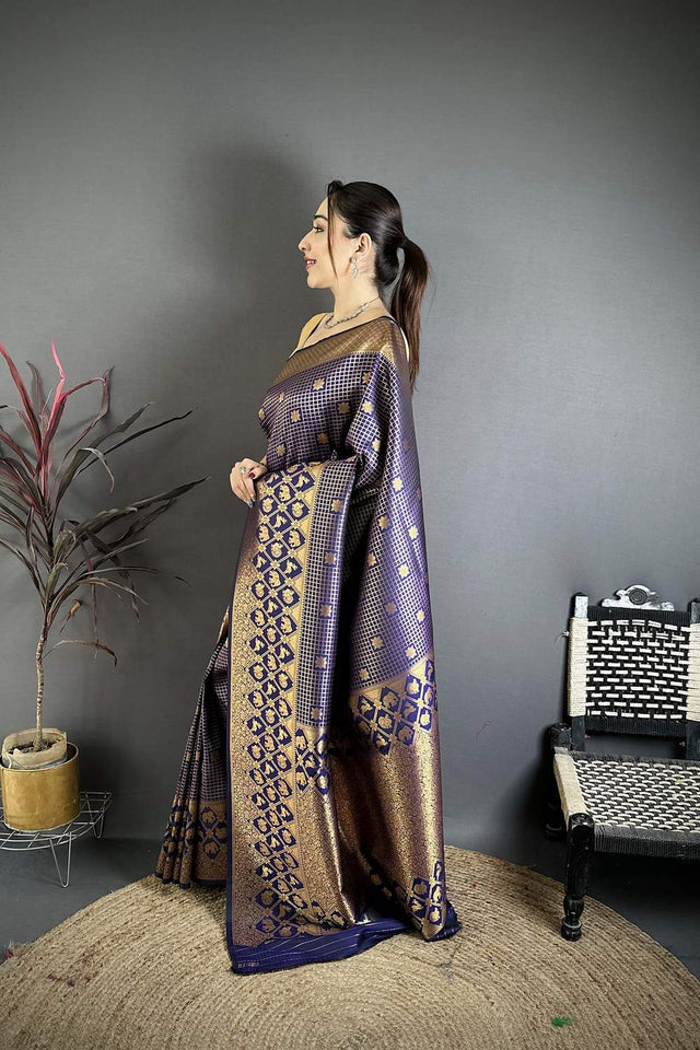 Navy Blue Checkered & Floral Woven Banarasi Silk Saree (JK12607)