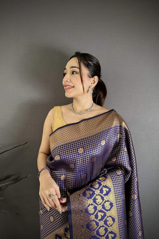Navy Blue Checkered & Floral Woven Banarasi Silk Saree (JK12607)