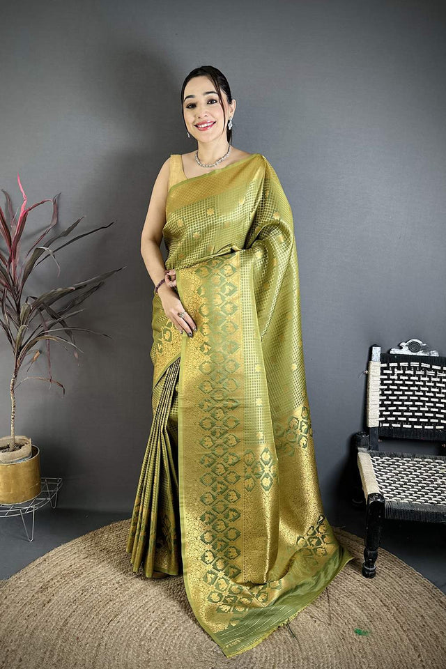Olive Green Checkered & Floral Woven Banarasi Silk Saree (JK12608)