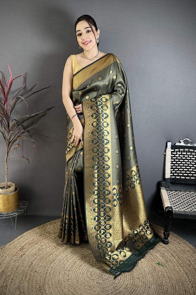 Dark Green Checkered & Floral Woven Banarasi Silk Saree (JK12609)