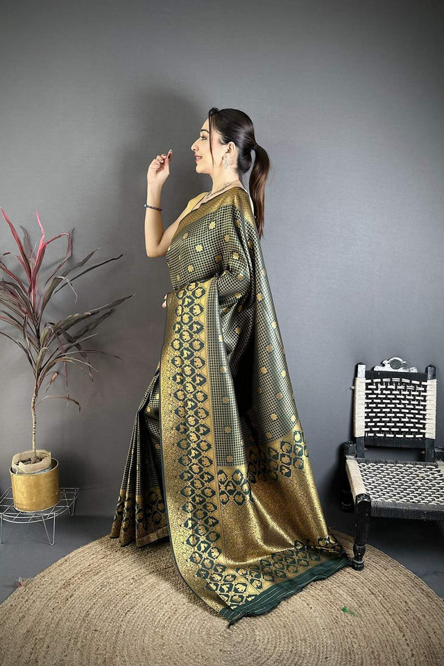 Dark Green Checkered & Floral Woven Banarasi Silk Saree (JK12609)