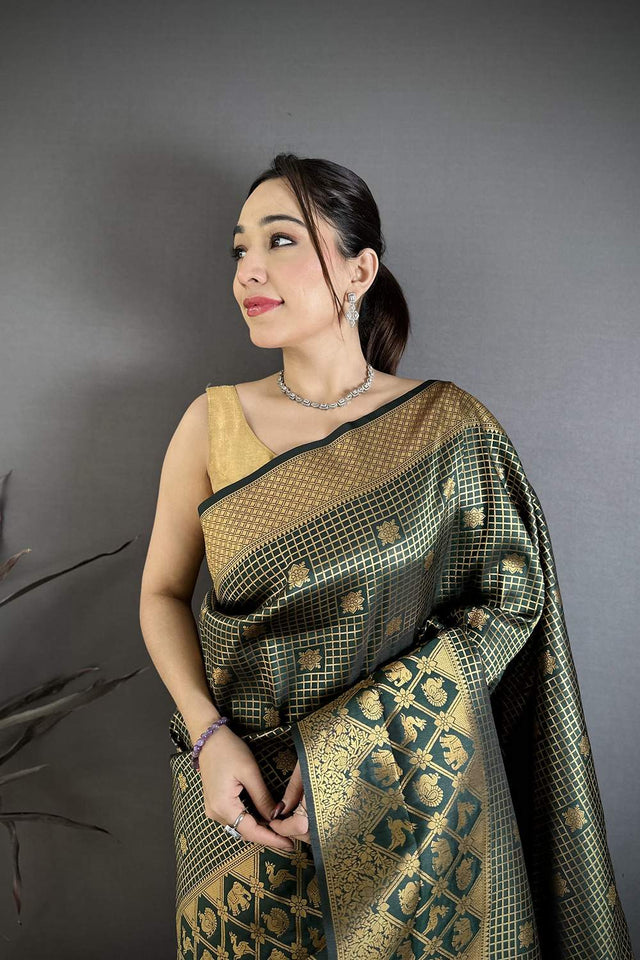 Dark Green Checkered & Floral Woven Banarasi Silk Saree (JK12609)