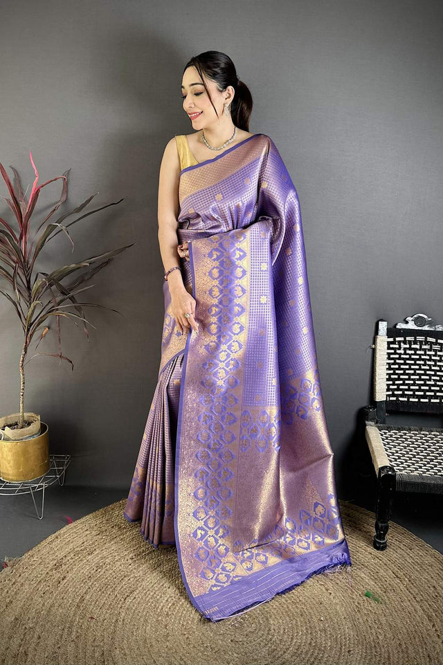Lavender Checkered & Floral Woven Banarasi Silk Saree (JK12610)