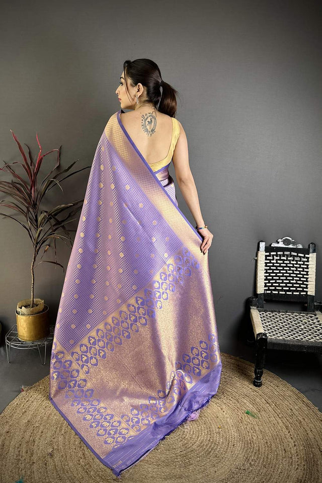 Lavender Checkered & Floral Woven Banarasi Silk Saree (JK12610)