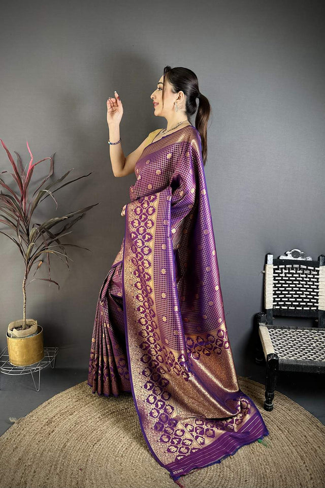 Purple Checkered & Floral Woven Banarasi Silk Saree (JK12611)