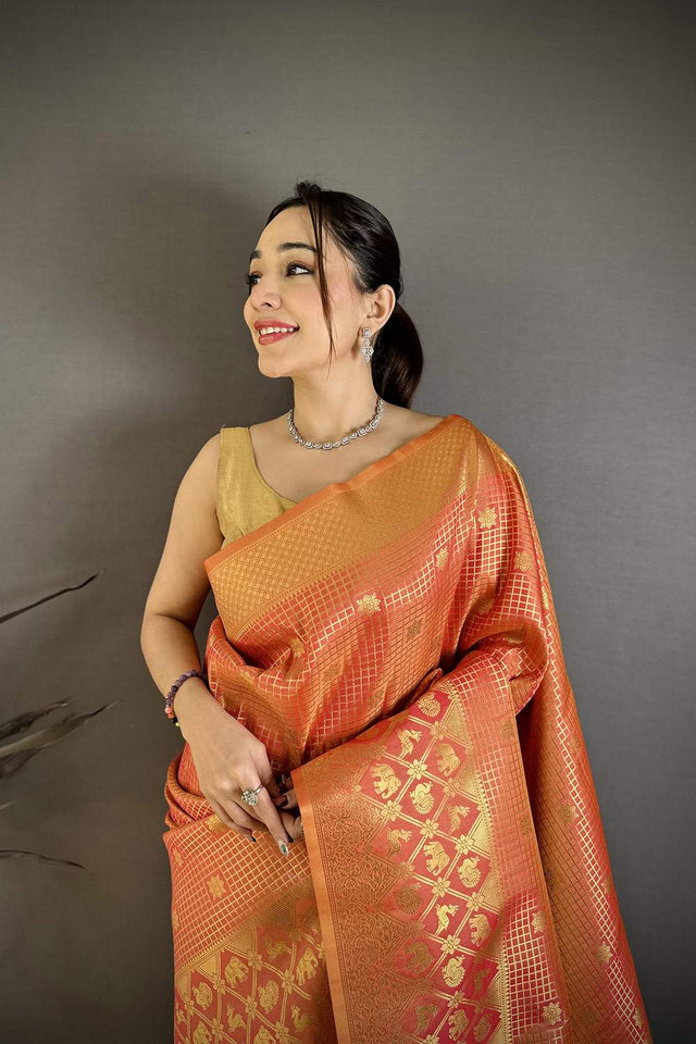 Peach Checkered & Floral Woven Banarasi Silk Saree (JK12612)