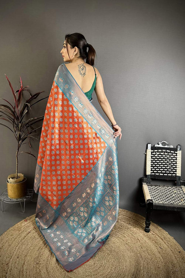 Orange Banarasi Floral Woven Silk Saree (JK12801)