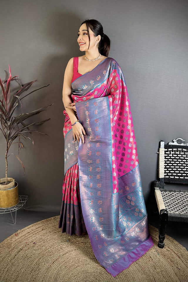 Pink Banarasi Floral Woven Silk Saree (JK12803)