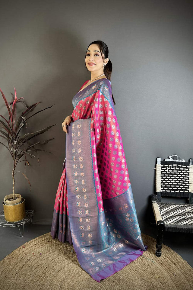 Pink Banarasi Floral Woven Silk Saree (JK12803)