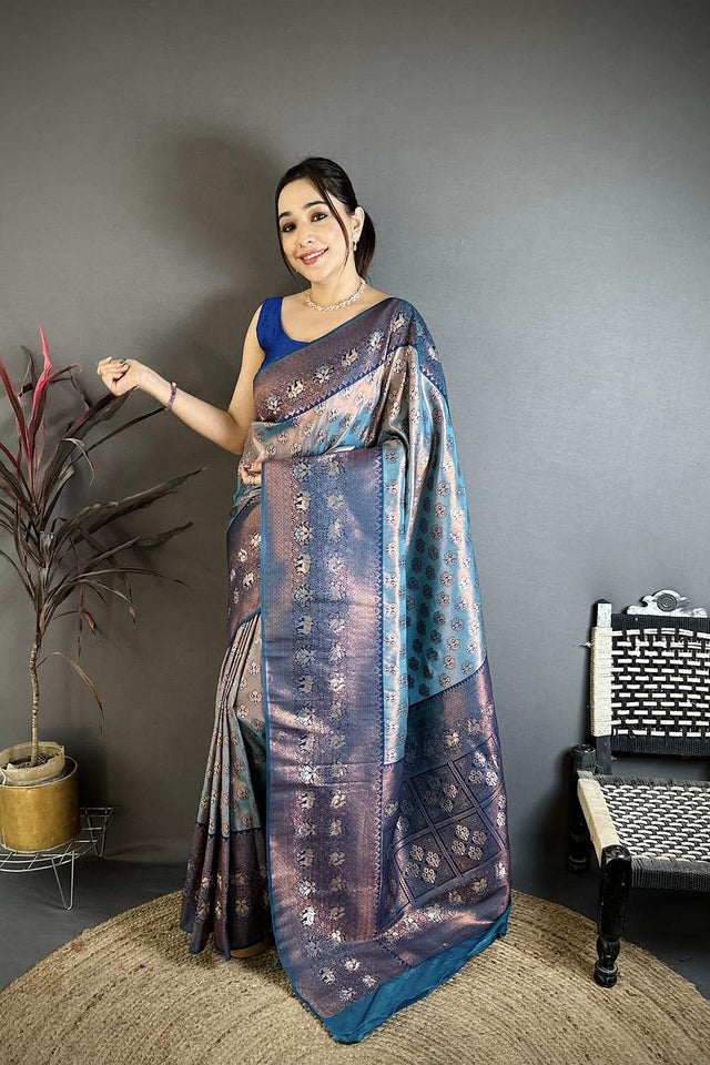Blue Banarasi Floral Woven Silk Saree (JK12804)