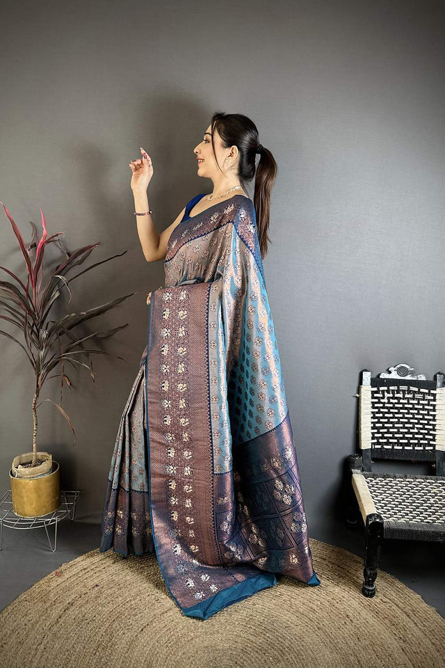Blue Banarasi Floral Woven Silk Saree (JK12804)
