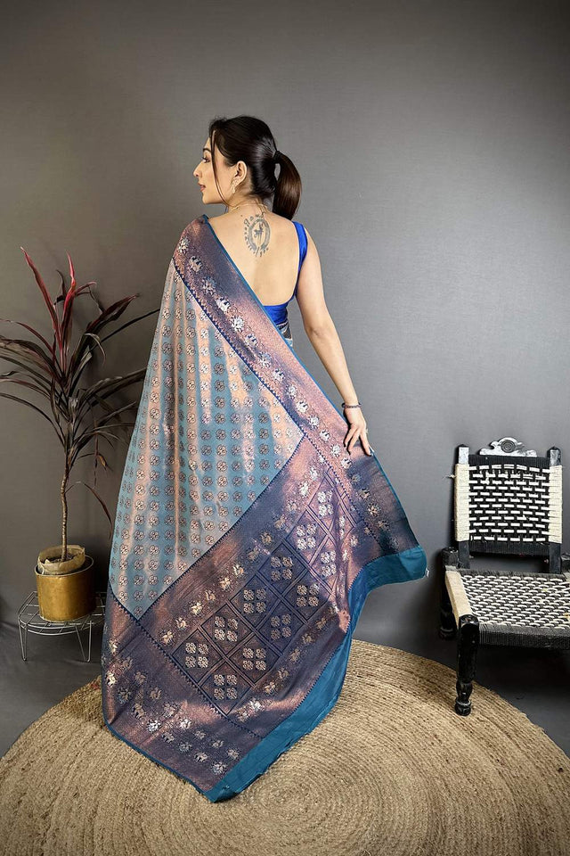 Blue Banarasi Floral Woven Silk Saree (JK12804)
