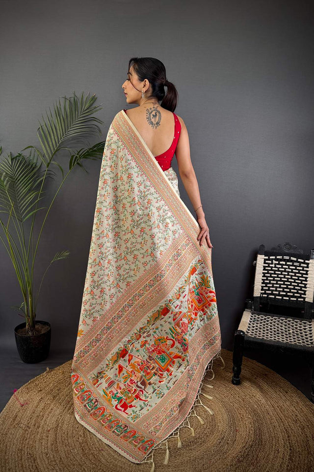 Off White Meenakari Woven Silk Saree (JK13001)