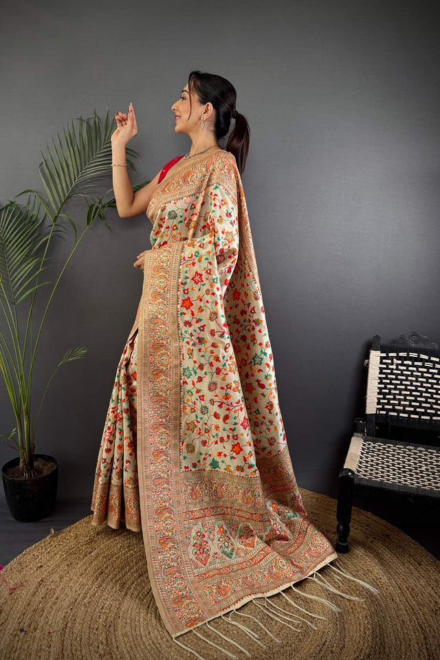 Cream Meenakari Woven Silk Saree (JK13004)