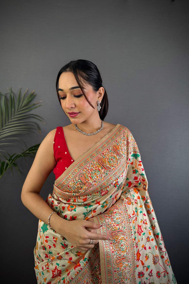 Cream Meenakari Woven Silk Saree (JK13004)
