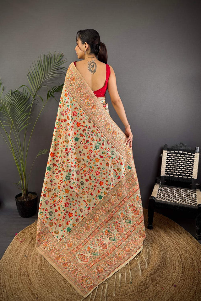 Cream Meenakari Woven Silk Saree (JK13004)