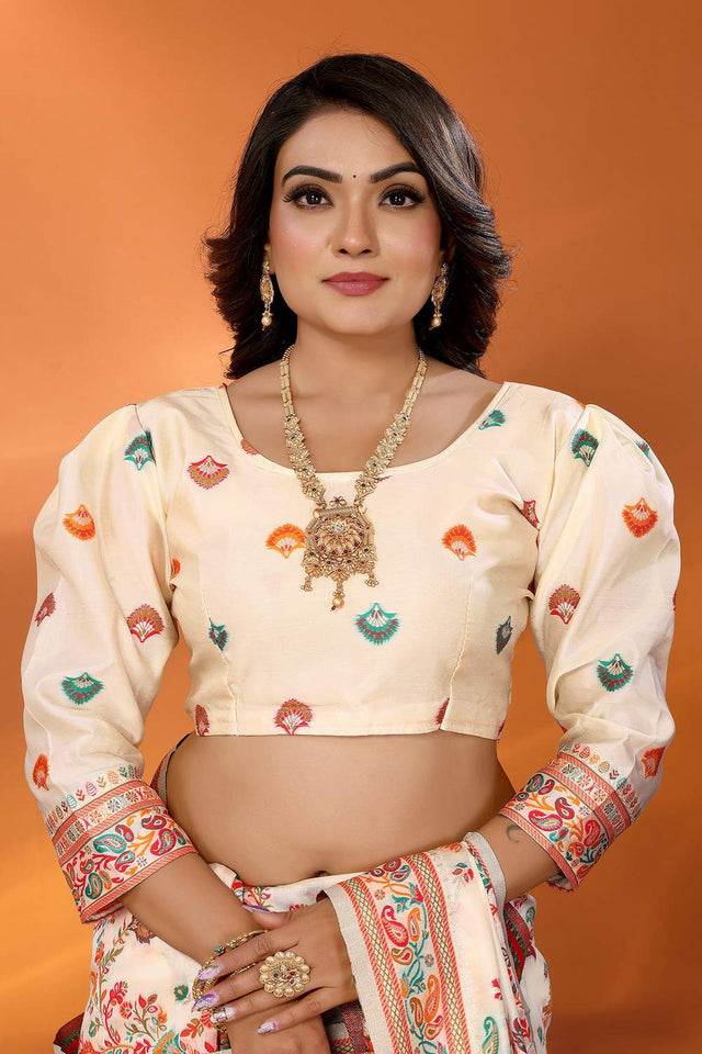 Cream Meenakari Woven Silk Saree (JK13004)