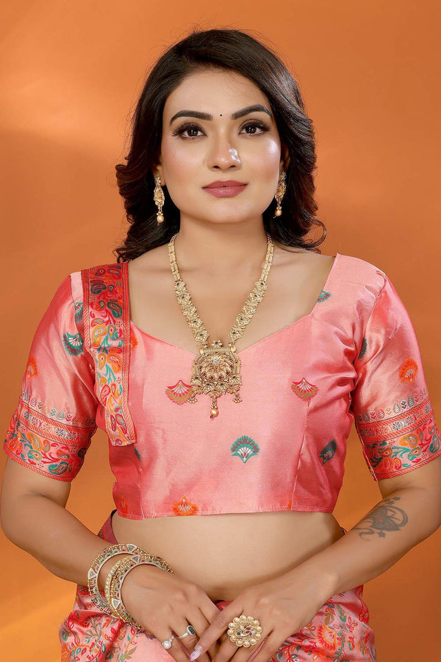 Peach Floral Woven Silk Saree (JK13029)