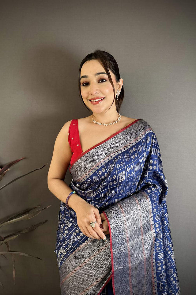 Dark Blue Kanjivaram Geometric Woven Banarasi Silk Saree (JK13102)