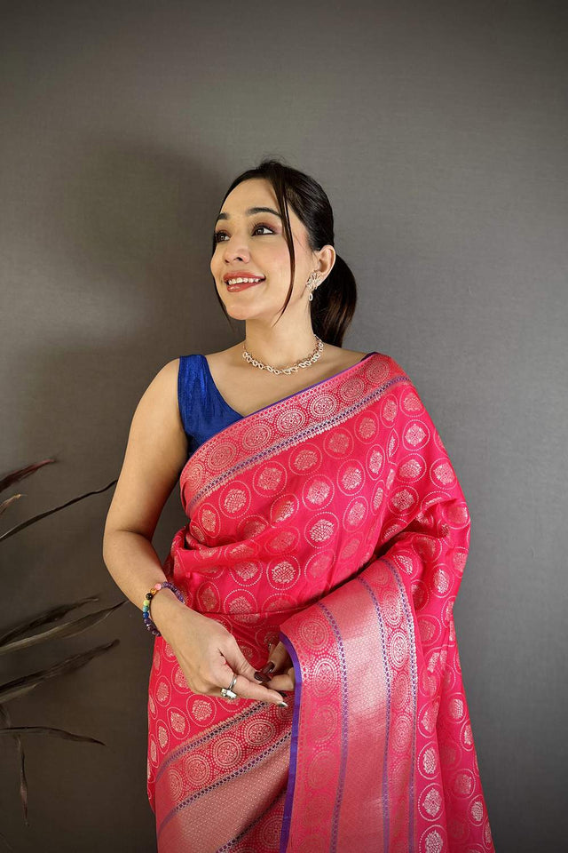 Dark Pink Kanjivaram Woven Banarasi Silk Saree (JK13108)