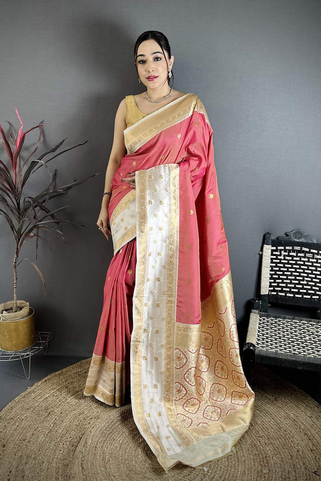 Pink Banarasi Floral Zari Woven Soft Silk Saree (JK13201)