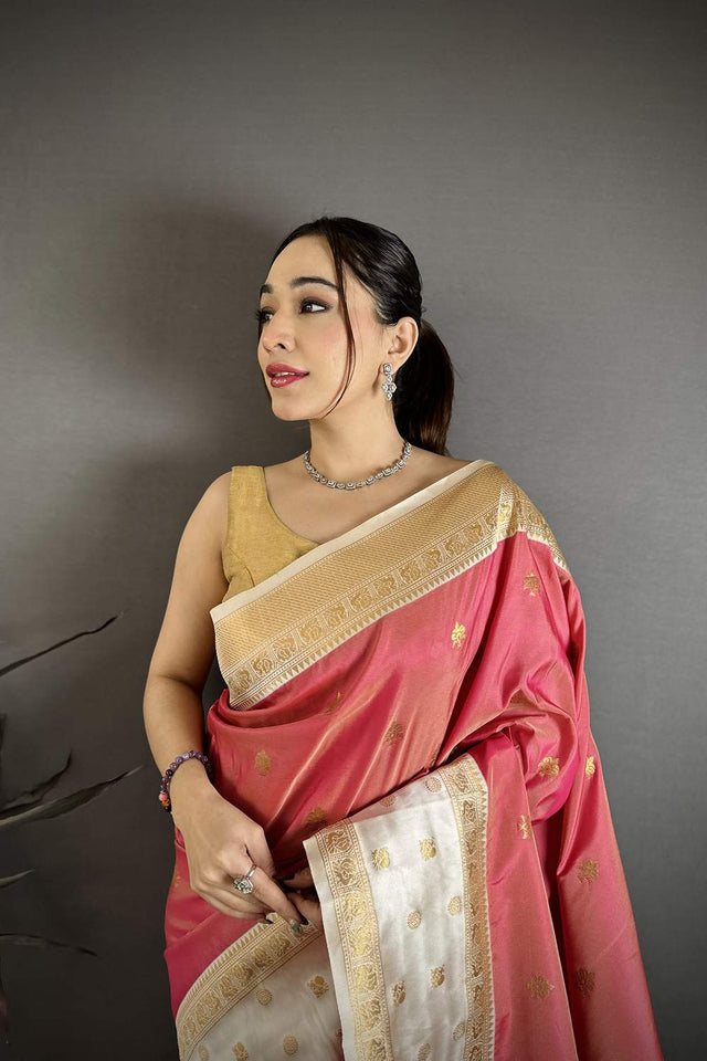 Pink Banarasi Floral Zari Woven Soft Silk Saree (JK13201)